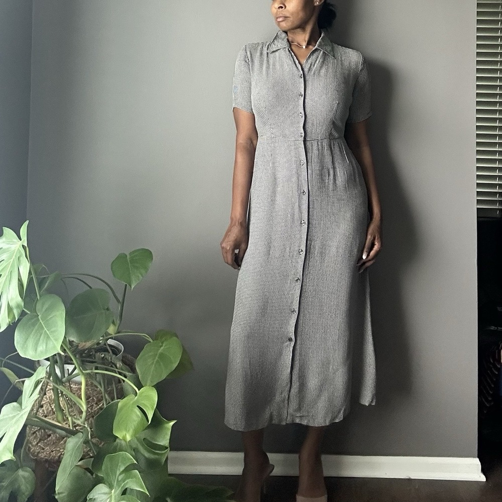 Vintage Eddie Bauer Button Up Dress Petite Size PM Blue Gingham Cottage Prairie